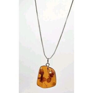 Vintage Sterling Silver Amber Confetti Lucite Necklace 20" 925 Italy